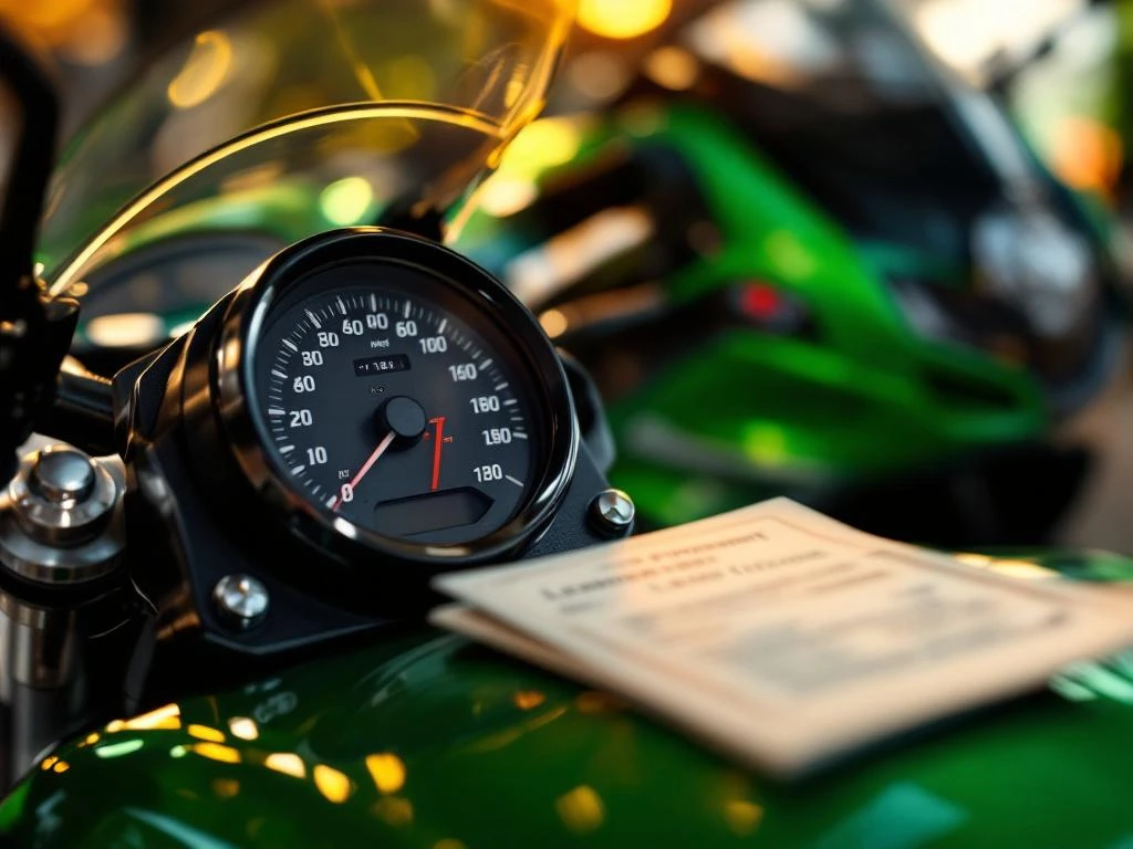 Motorfiets snelheidsmeter met vermogensbegrenzing en rijbewijs A2 op tank van groene sportmotor bij dealer
