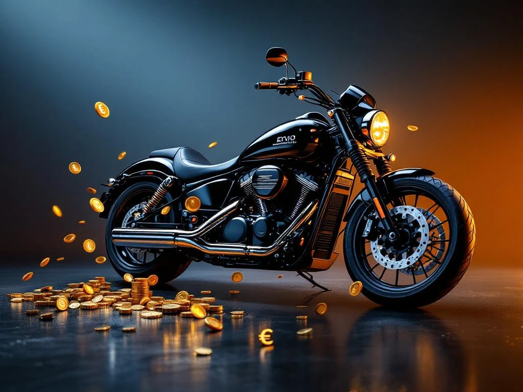 Moderne motorfiets met chromen details omringd door gouden munten en euro-symbolen op glanzende zwarte ondergrond