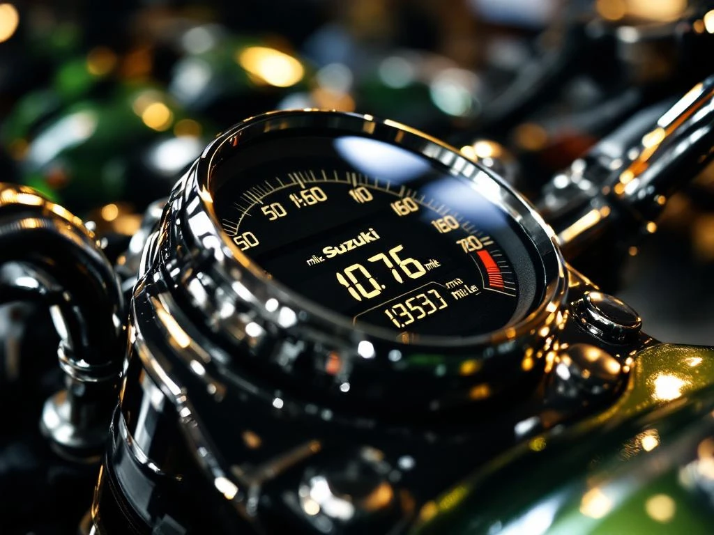 motorfiets-kilometerteller-hoge-kilometerstand-close-up.jpg Motorfiets kilometerteller met hoog aantal kilometers, chromen instrumentenpaneel met groene Suzuki en Kawasaki kuipdelen op achtergrond