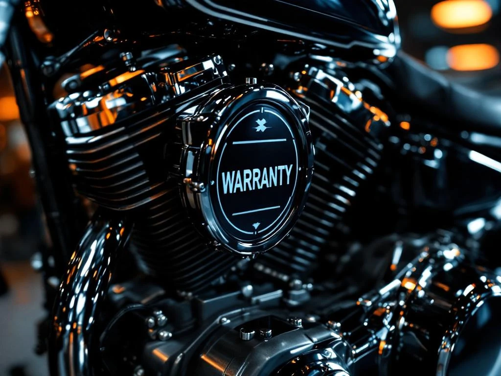 Gepolijste motorfiets motor met chromen details en garantiedocument zegel in professionele showroom