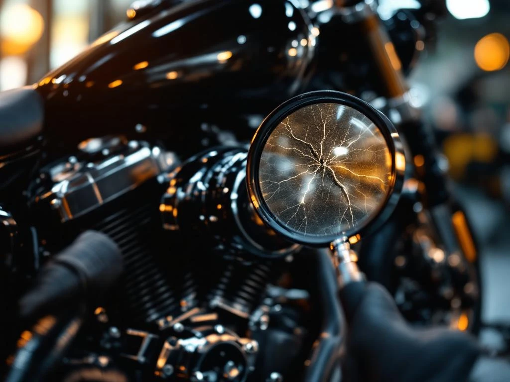 motorfiets-schade-inspectie-motor-controle.jpg Motorfiets motor inspectie met vergrootglas over haarscheurtjes, krassen en deuken in zwart metaal met chromen accenten