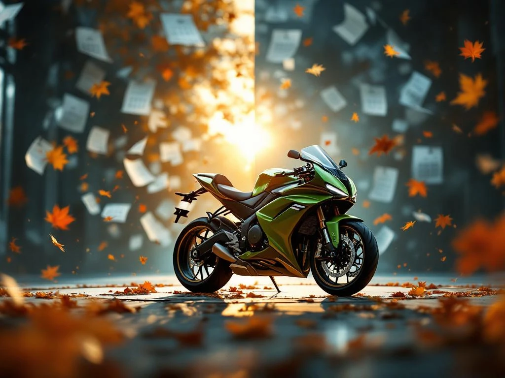 beste-tijd-motorfiets-kopen-seizoenen.jpg Moderne motorfiets in groen en zwart met seizoensklok-concept en gouden uurverlichting in showroom