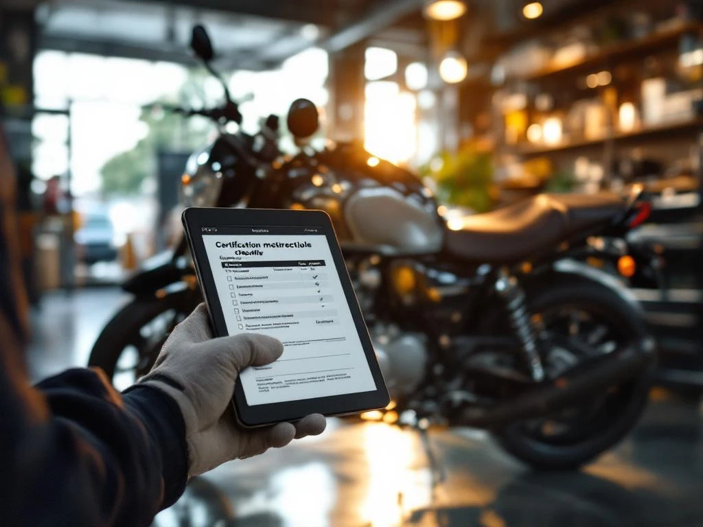 Monteur inspecteert nieuwe Suzuki motorfiets in moderne showroom met tablet en checklist