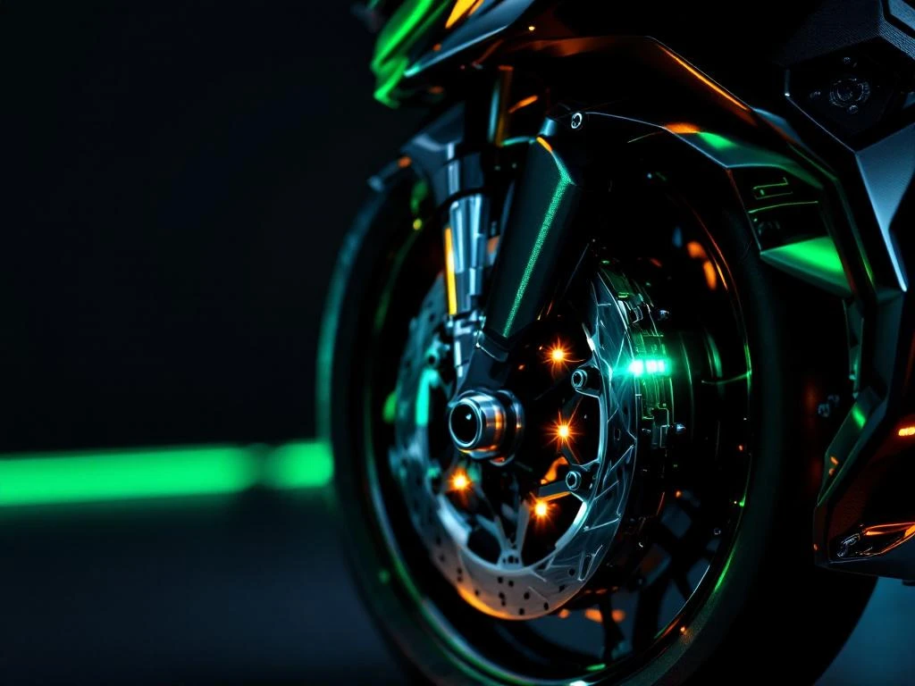 motorfiets-veiligheidssystemen-abs-remmen-technologie.jpg Moderne motorfiets met ABS-remsysteem, tractiecontrole en LED-veiligheidslichten in zwart en metallic groen