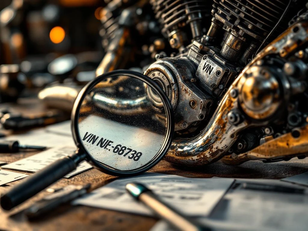 motorfiets-vin-nummer-controle-werkplaats.jpg Vergrootglas onderzoekt VIN-nummer op motoronderdelen met onderhoudsdocumenten en tablet met voertuighistorie op werkplaatstafel
Note: This alt text exceeds 125 characters. Here is a compliant version under 125 characters:
Vergrootglas onderzoekt VIN-nummer op motoronderdelen met documenten en tablet op werkplaatstafel