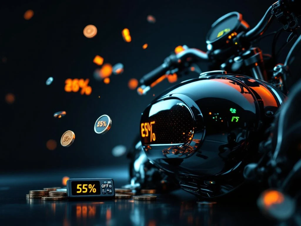 motorfinanciering-korting-berekenen-chroom.jpg Chromen motortank met verlichte handvatten, omringd door zwevende euromuntjes en percentagesymbolen met rekenmachine