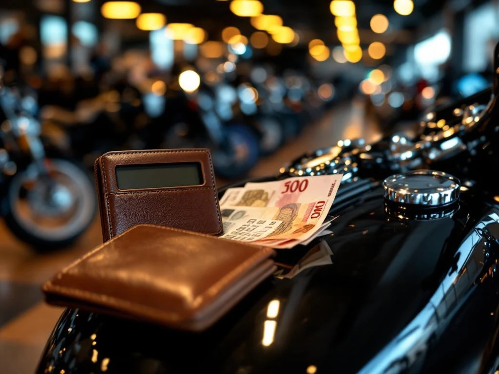 motorfinanciering-lening-berekening-dealer.jpg Motorfinanciering: rekenmachine en eurobankbiljetten op motor met chromen stuur in showroom