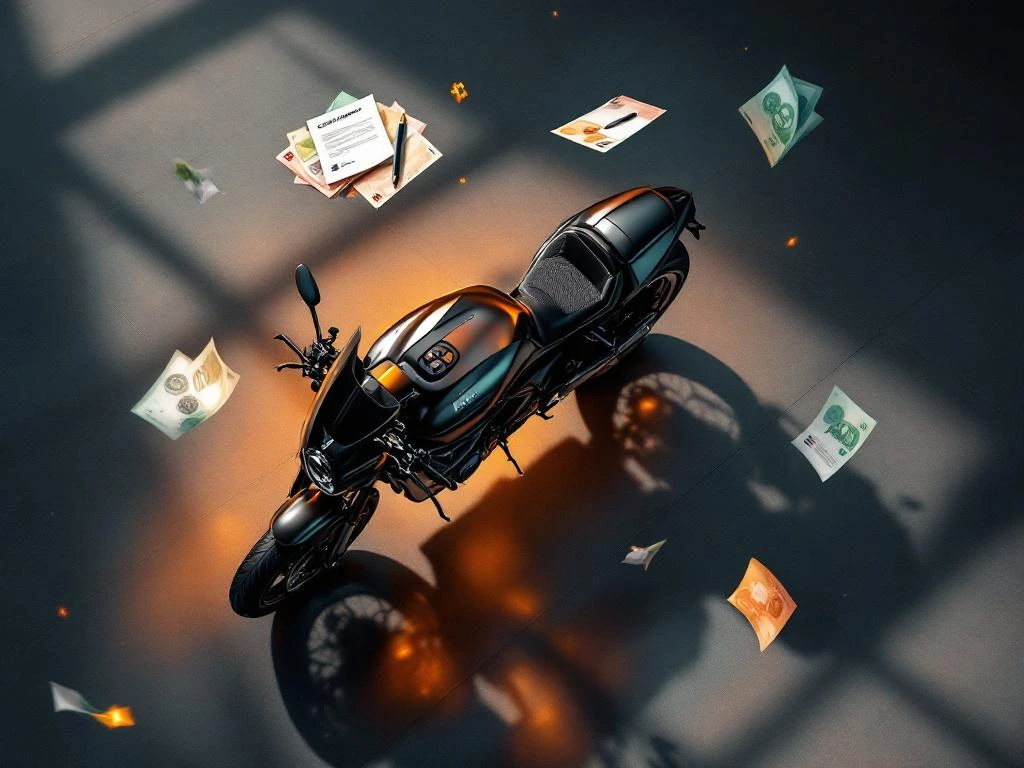 motorfinanciering-lening-kosten-berekenen.jpg Motor met zwevende financiƫle symbolen zoals calculator, eurobiljetten en contract op showroomvloer met spotlights