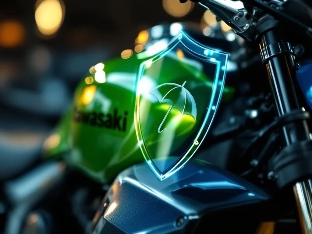 Glanzende motorfiets met chromen details en transparant beschermschild, verzekeringsdocumenten op voorgrond