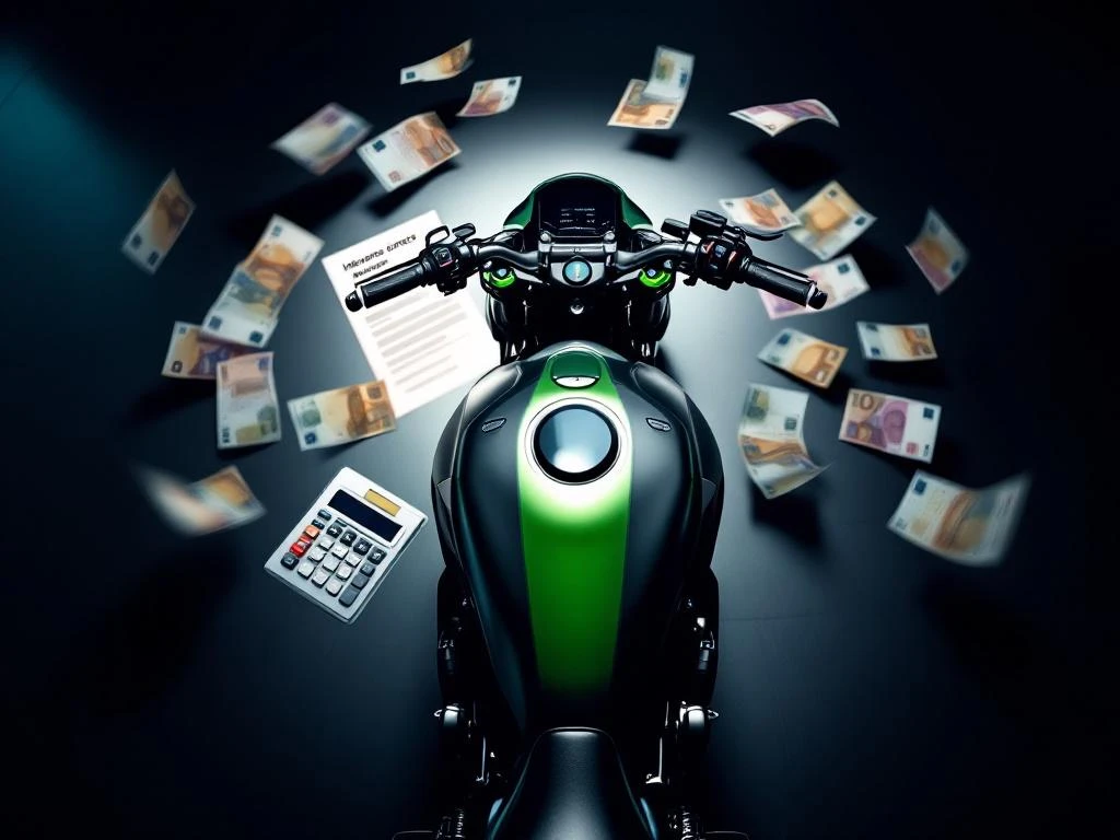 motorverzekering-kosten-berekenen-calculator.jpg Moderne motorfiets van bovenaf met verzekeringsdocumenten, rekenmachine en eurobiljetten in circulaire compositie