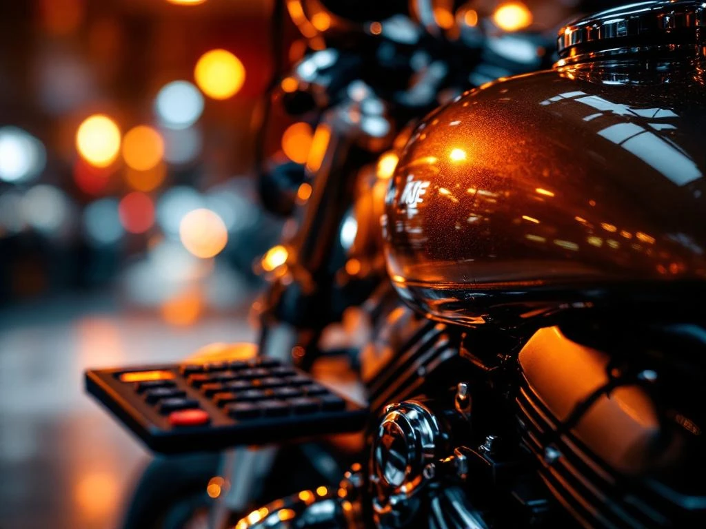 motorverzekering-kosten-berekenen-premie.jpg Motorfiets motor en tank met verzekeringsdocumenten en rekenmachine op voorgrond in warm licht