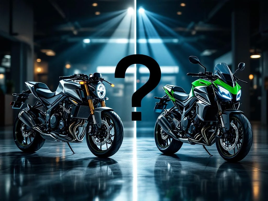 Twee motorfietsen in showroom: nieuwe sportmotor links, gebruikte motor rechts, gescheiden door lichtstraal vraagtekeneffect
