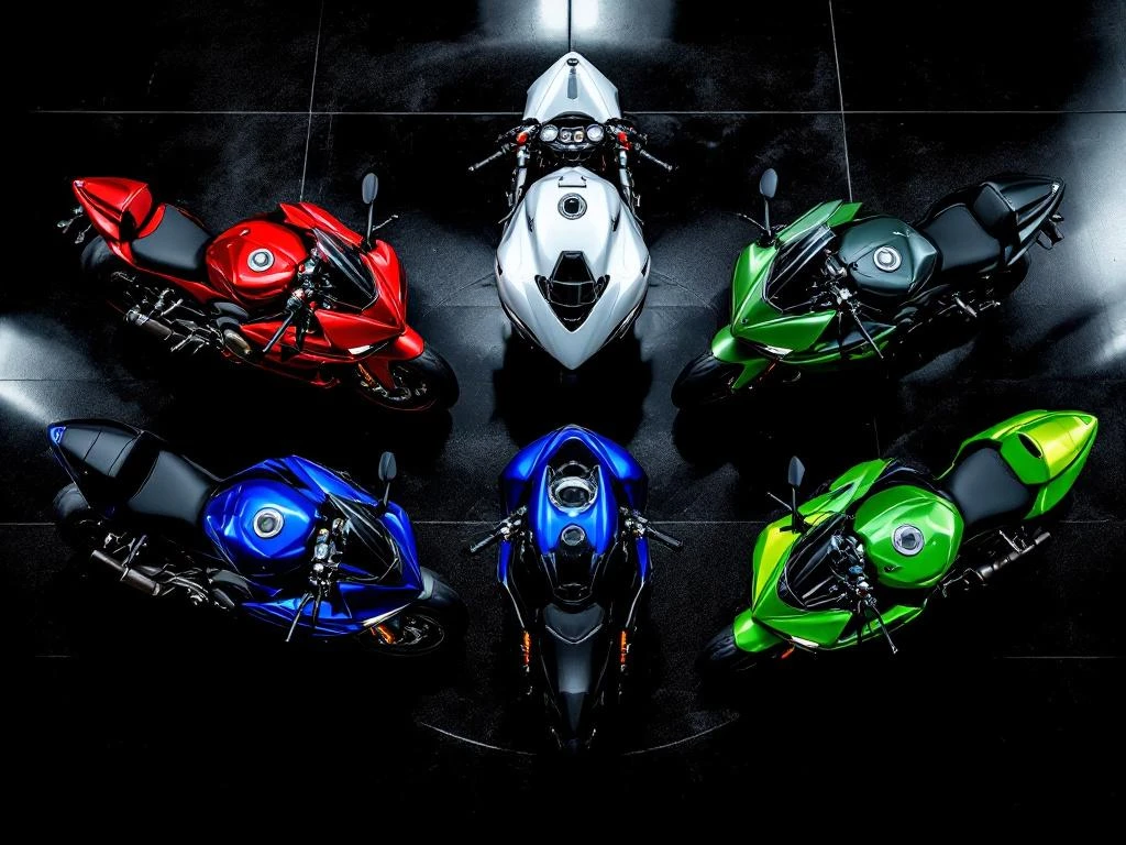 sport-motoren-kleuren-showroom-keuze.jpg Vijf identieke sportmotoren in rood, wit, zwart, blauw en groen op glanzende showroomvloer in halve cirkel