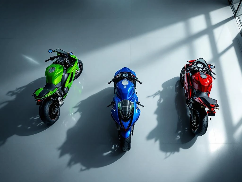 sportmotor-showroom-vergelijking-overhead.jpg Drie sportmotoren in groen, blauw en rood op glanzende showroomvloer met dramatische verlichting