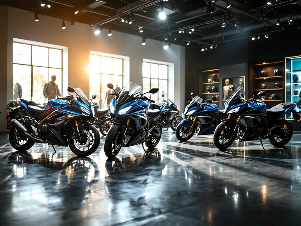 Suzuki en Kawasaki motorshowroom met glanzende sport- en touringsmotoren onder dramatische LED-verlichting