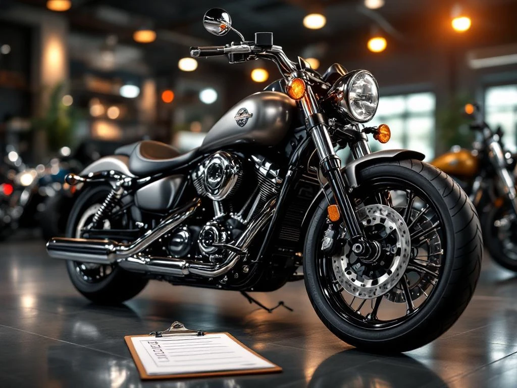 Glanzende tweedehands motorfiets in showroom met inspectiechecklist op vloer, chromen details en professionele verlichting
